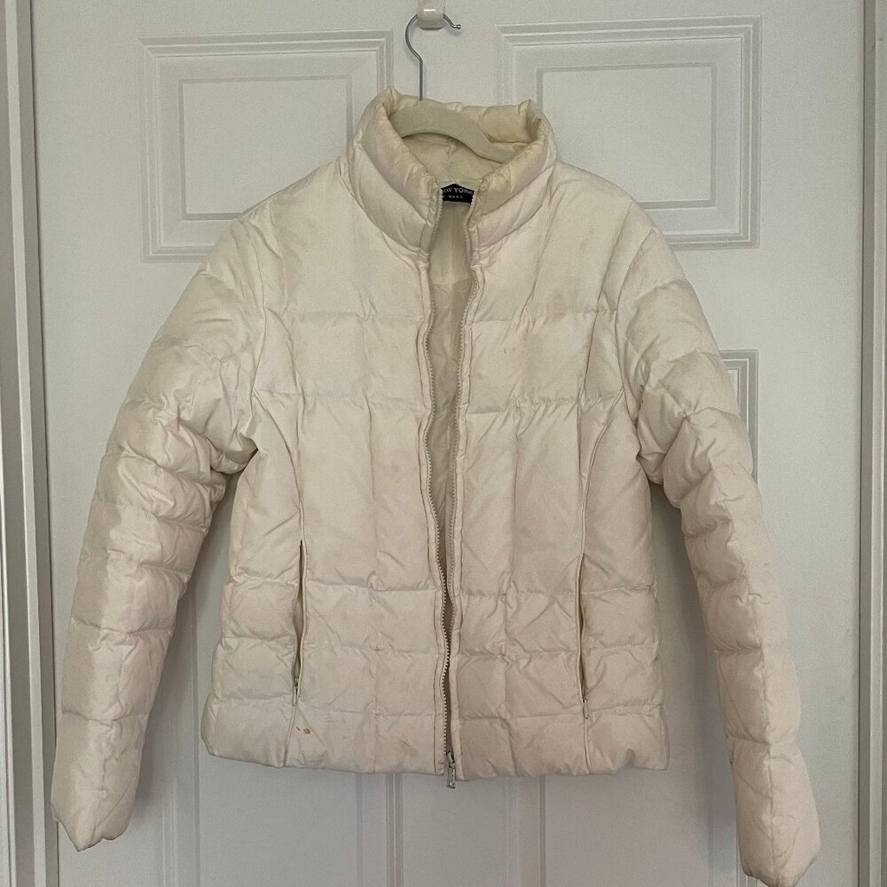 Andrew Marc cream colored down puffy short waist zip winter coat